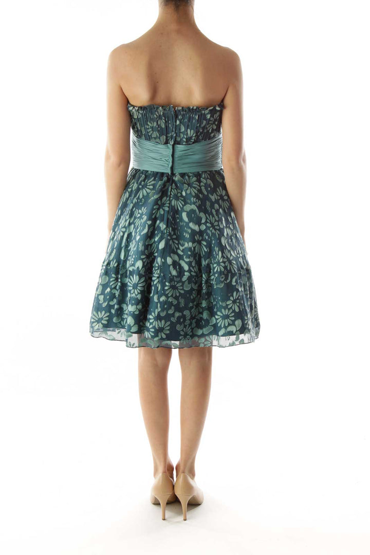 Green Flower Belted Strapless Cocktail Dress