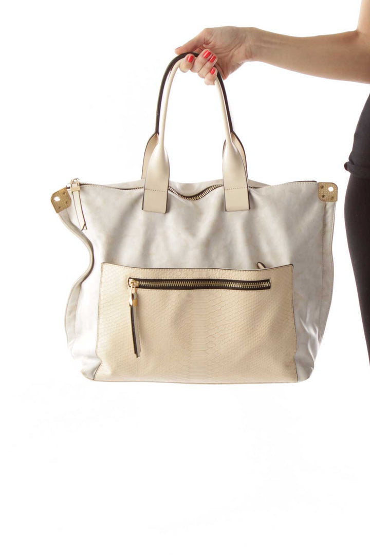 Cream Pleather & Snakeskin Print Tote