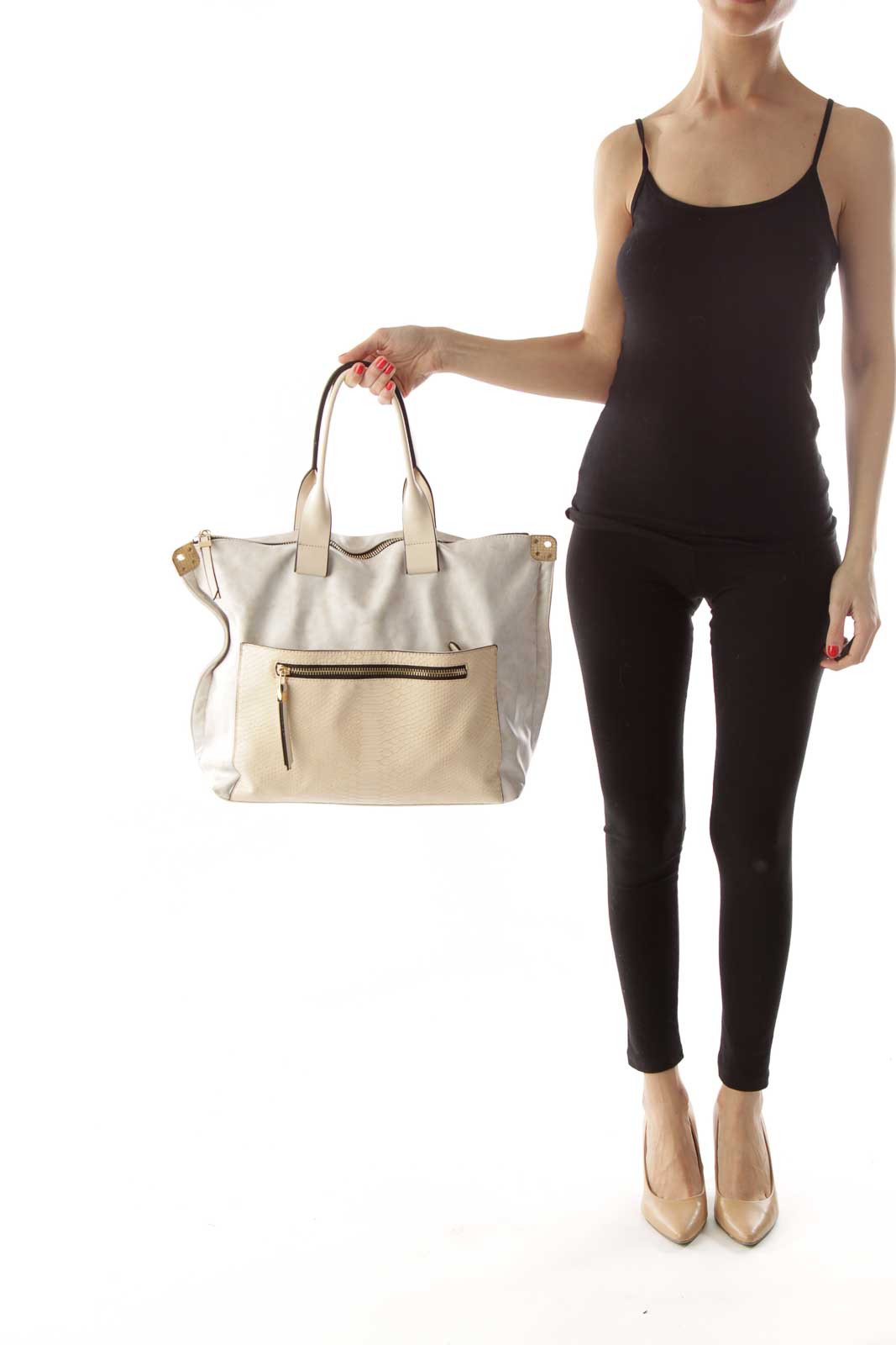 Cream Pleather & Snakeskin Print Tote