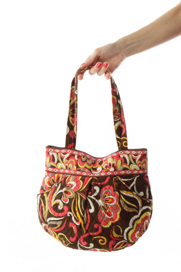 Brown Pink Flower Print Mini Tote