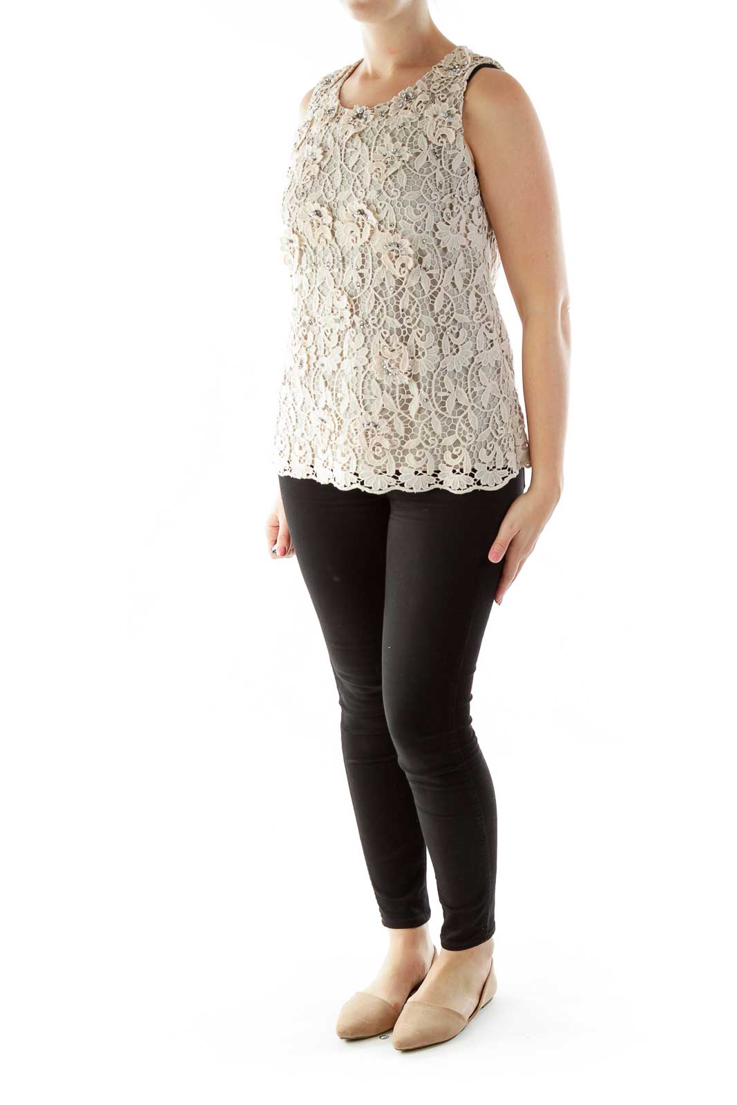 Beige Lace Beaded Blouse