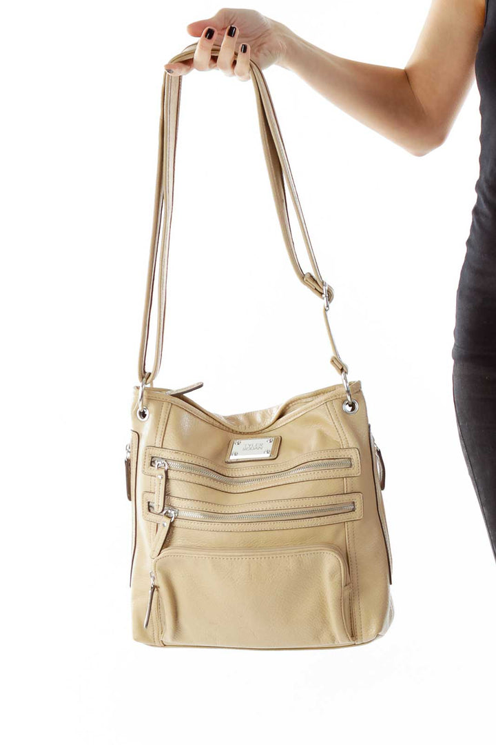 Beige Zippered Cross-Body Bag