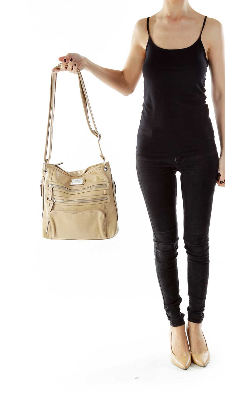 Beige Zippered Cross-Body Bag