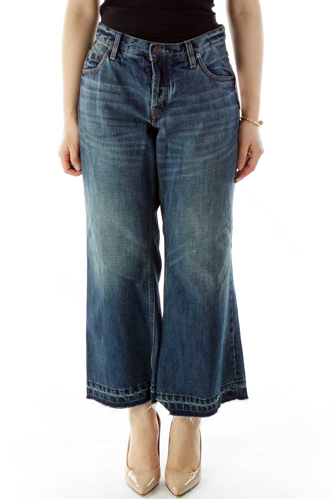 Front view of Free People blue wide-leg cropped jeans with vintage wash