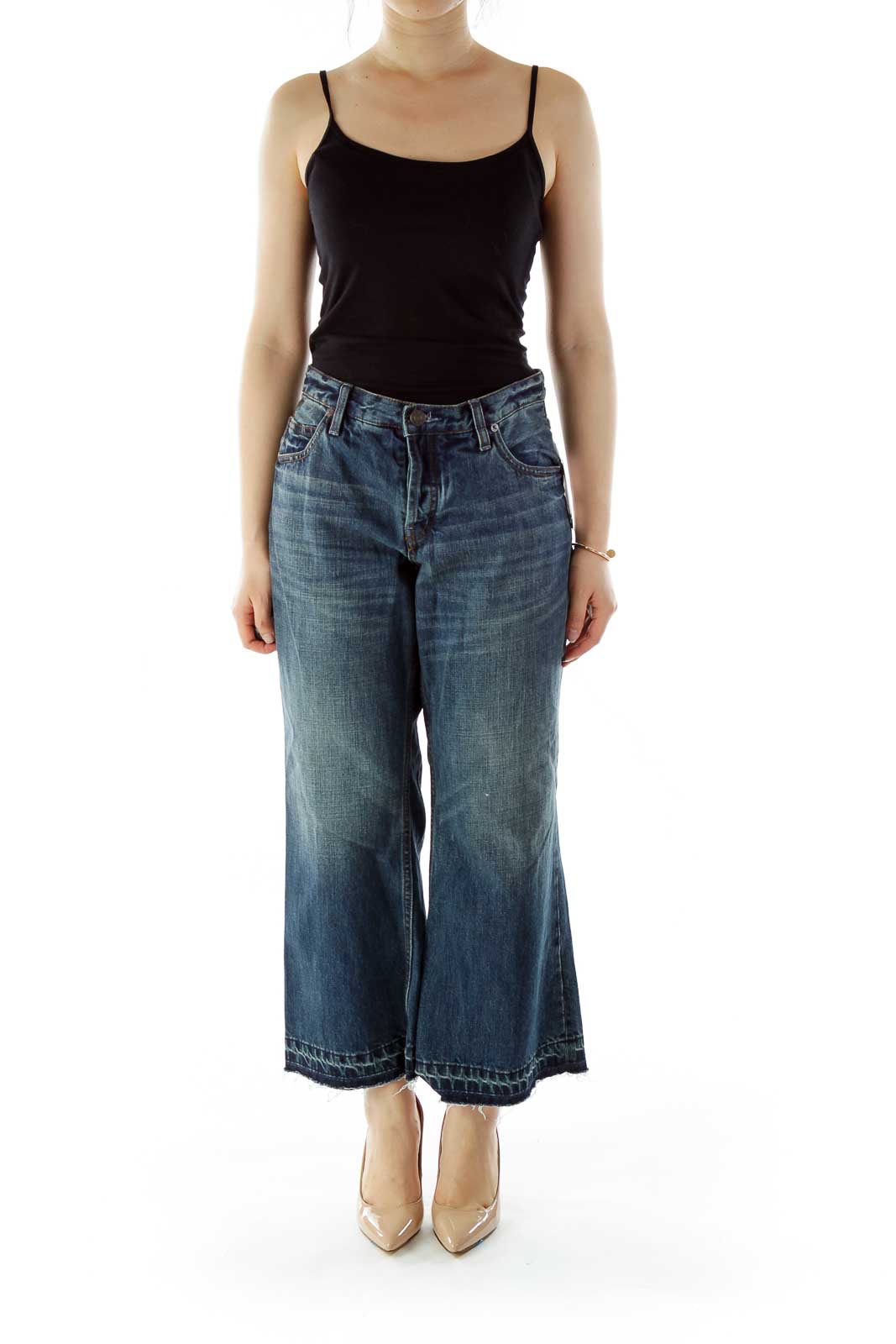 Front view of Free People blue wide-leg cropped jeans with vintage wash