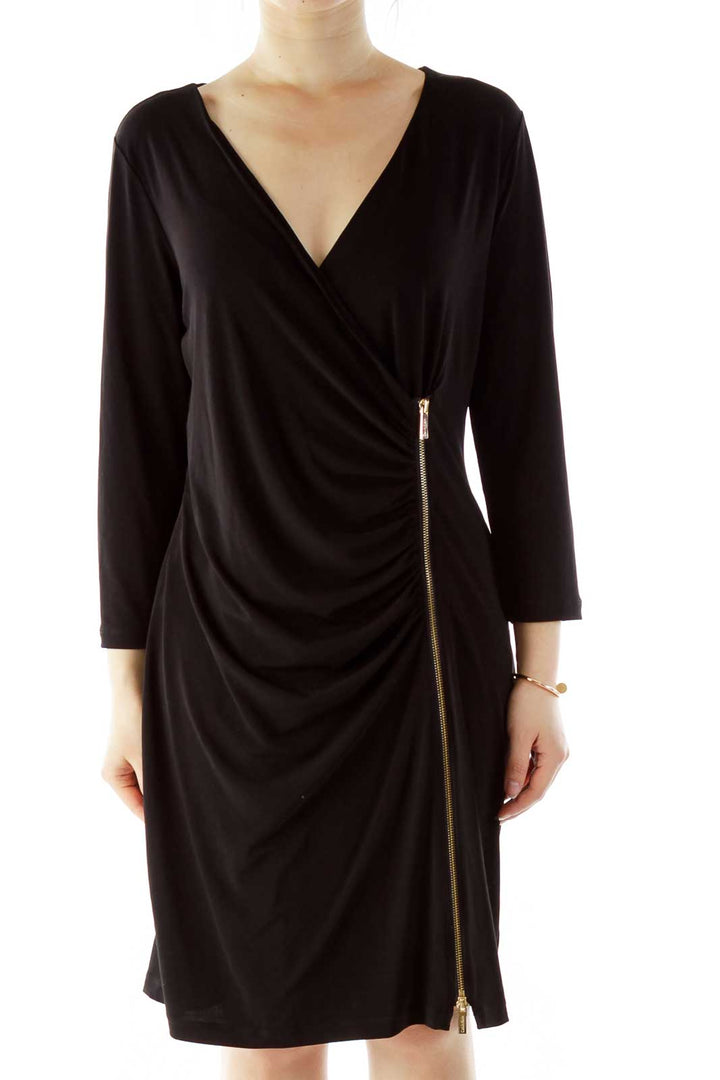 Front view of Calvin Klein black wrap dress with side zipper