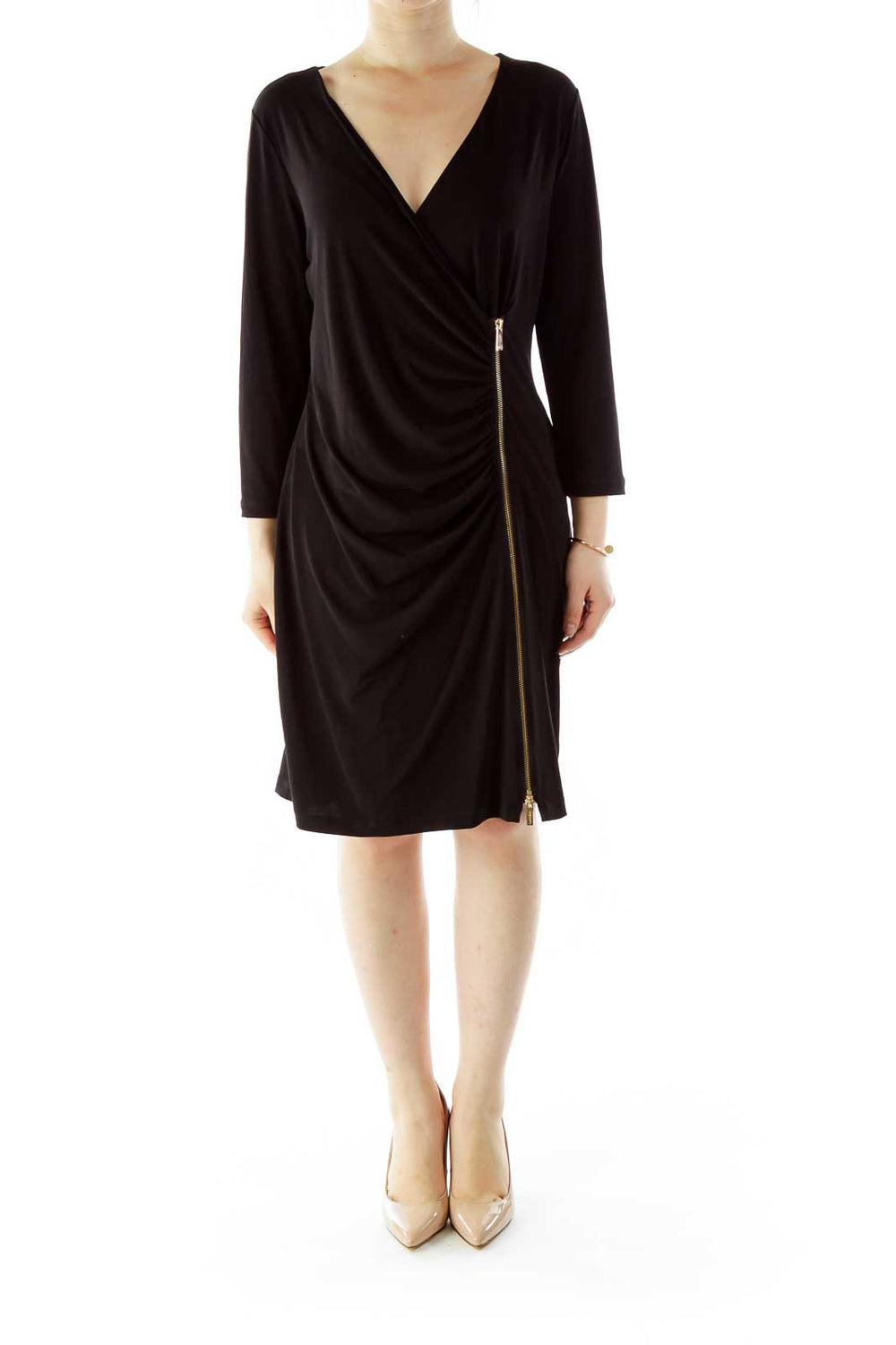 Front view of Calvin Klein black wrap dress with side zipper