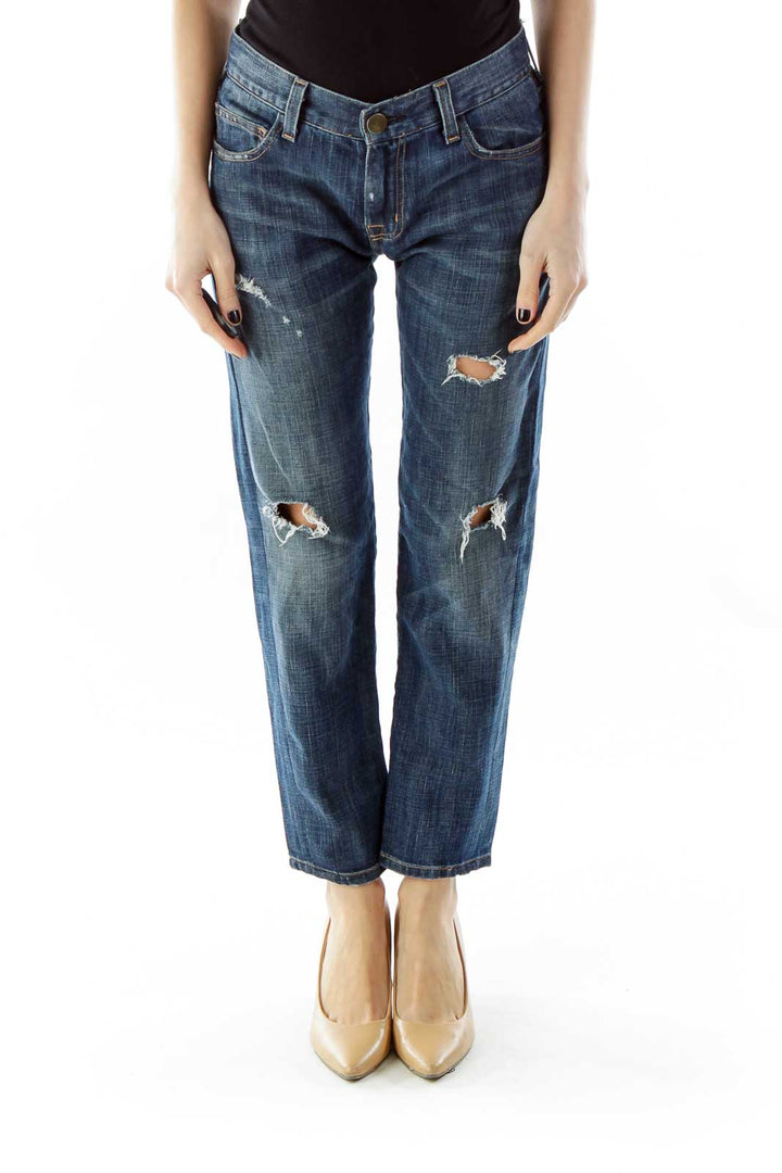 Blue Distressed Tapered Jeans