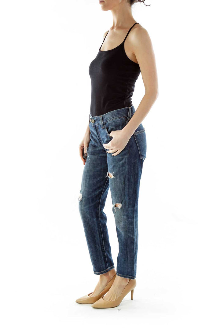 Blue Distressed Tapered Jeans