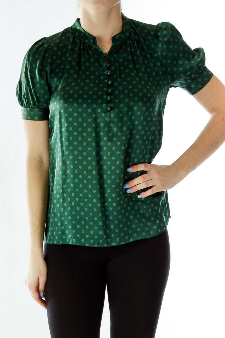 Green Polka-Dot Buttoned Blouse