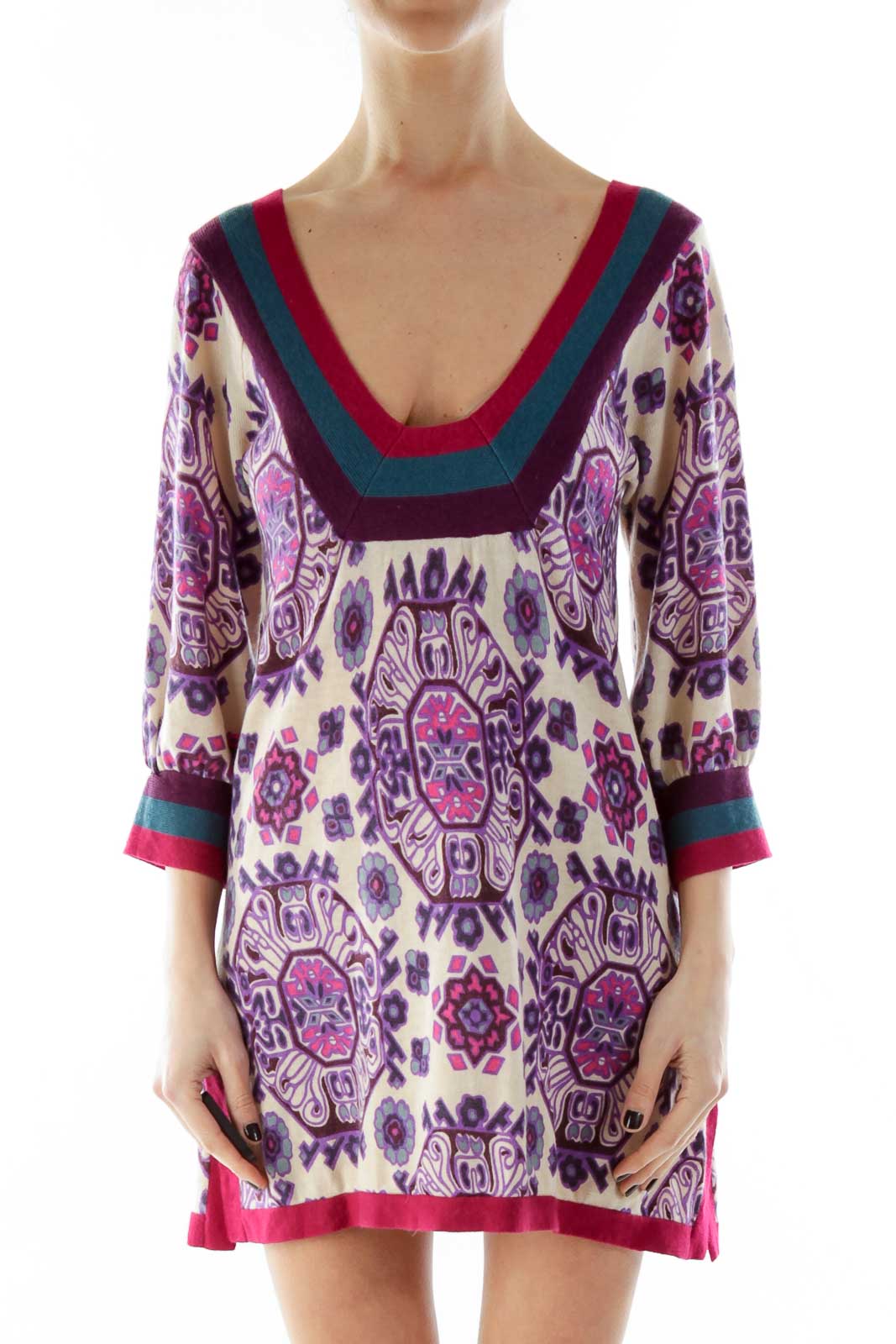 Front view of Free People Purple Floral Print Knit Tunic Dress with V-neckline and contrasting trim