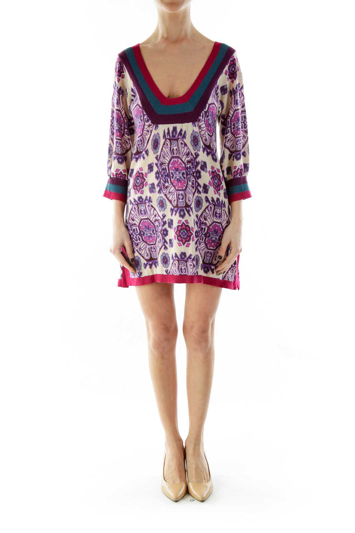 Front view of Free People Purple Floral Print Knit Tunic Dress with V-neckline and contrasting trim