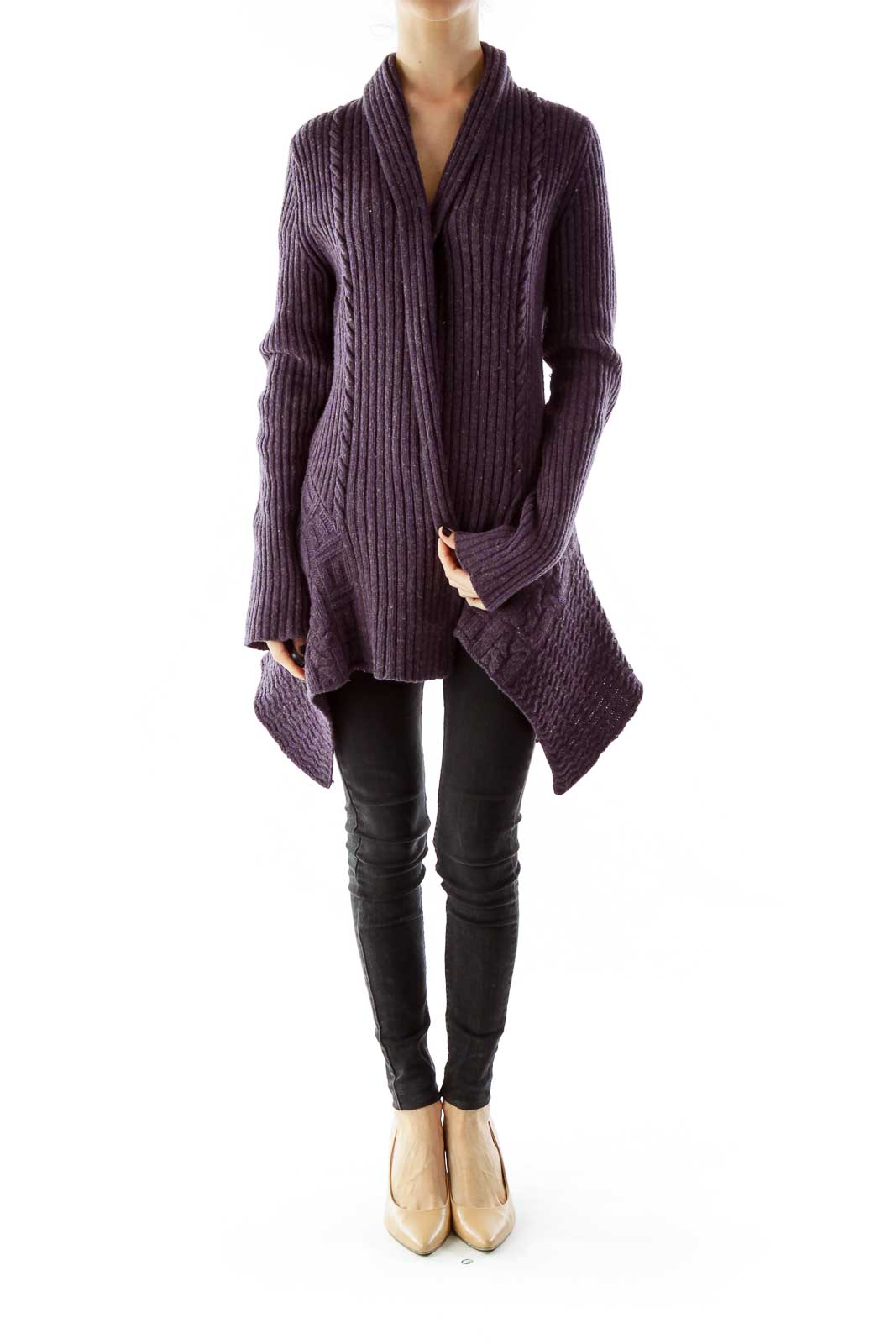 Purple Open Cable Knit Wool Cardigan