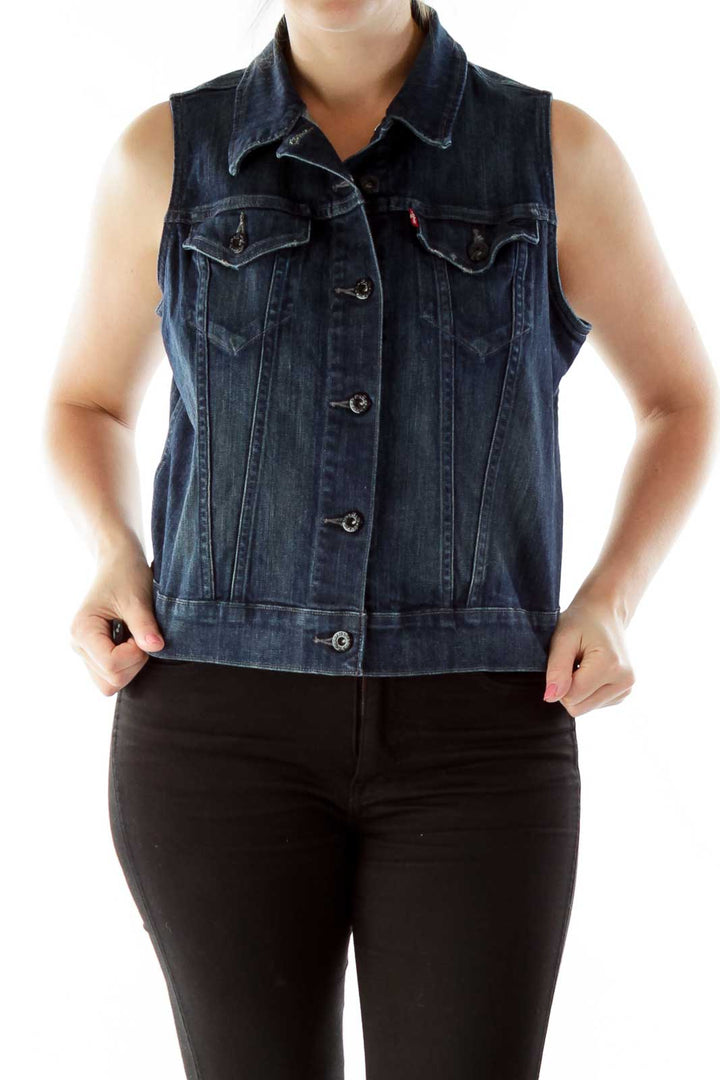 Navy Distressed Pocketed Denim Vest