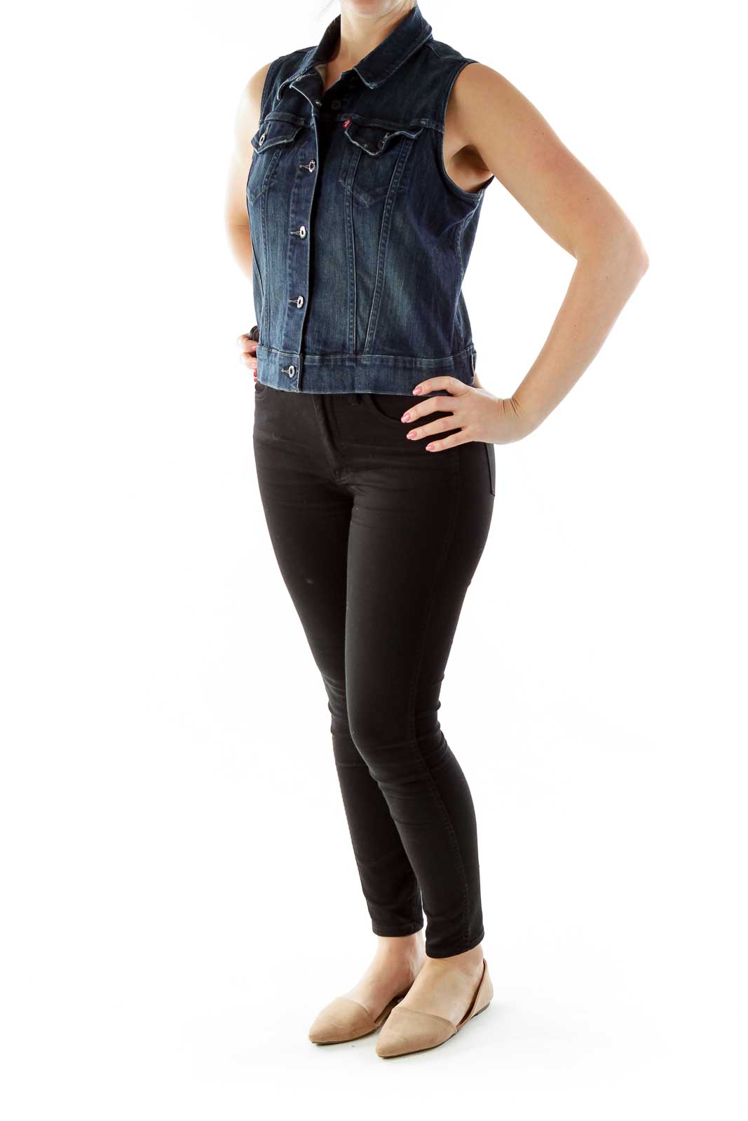 Navy Distressed Pocketed Denim Vest