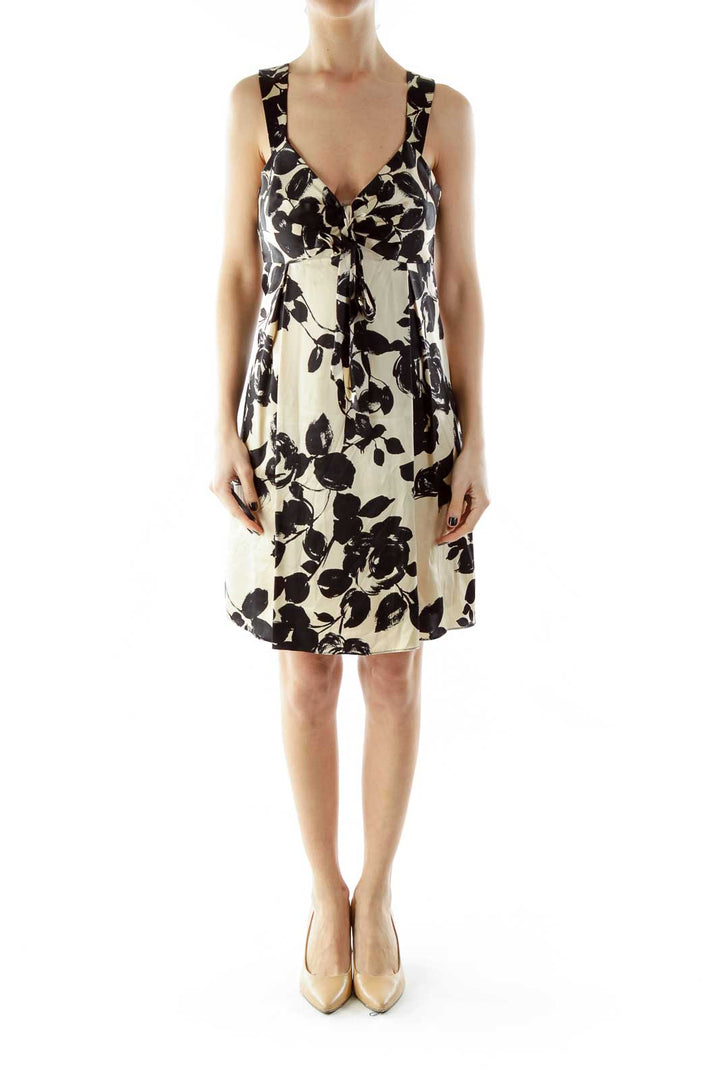 Black Beige Bow Floral Silk Dress