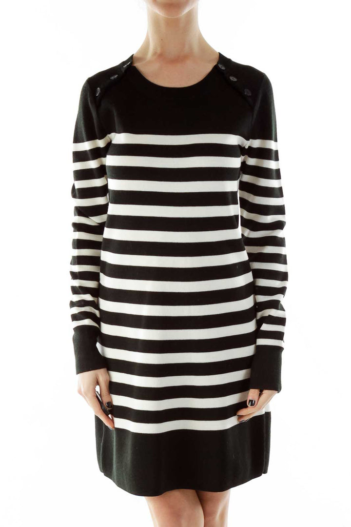 Black White Striped Buttoned Round Neck Knit Dress