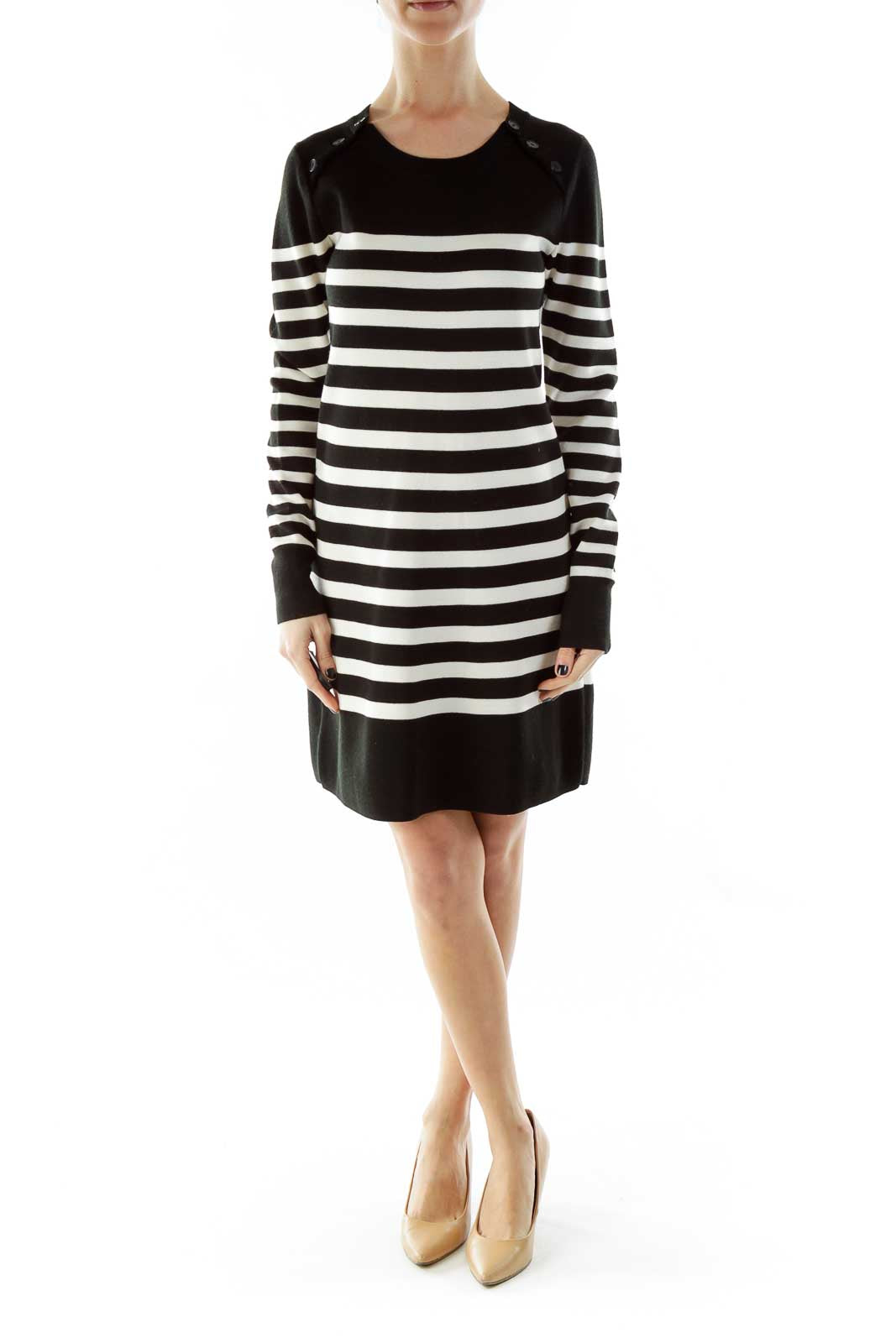 Black White Striped Buttoned Round Neck Knit Dress