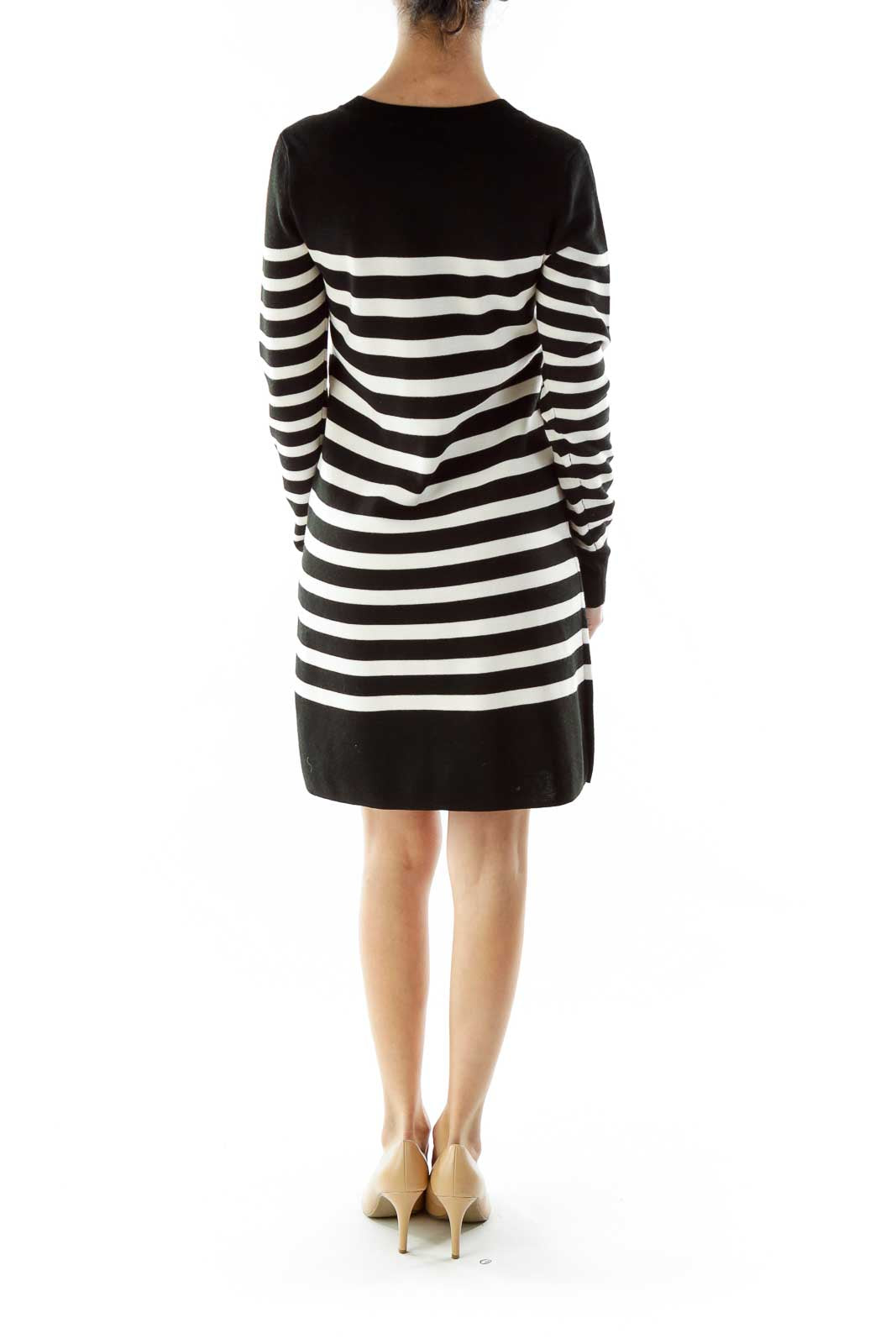 Black White Striped Buttoned Round Neck Knit Dress