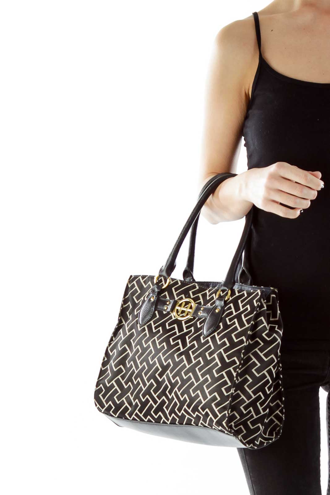 Brown Beige Gold Geometric Print Pleather Shoulder Bag