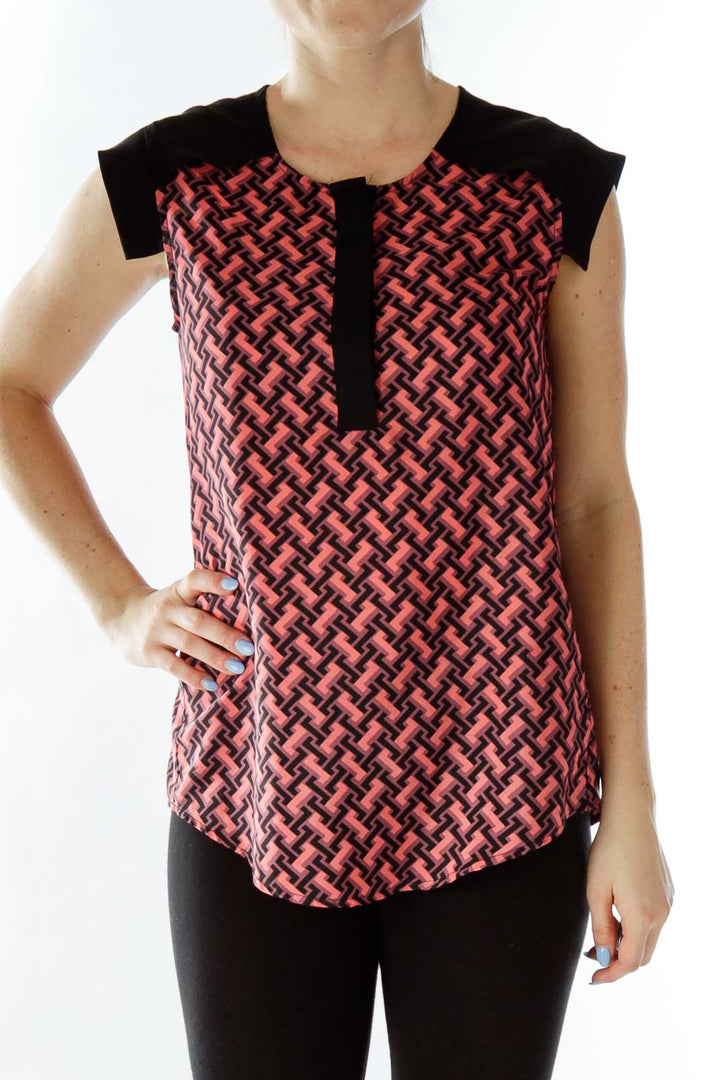 Black Pink Geometric Print Buttoned Blouse