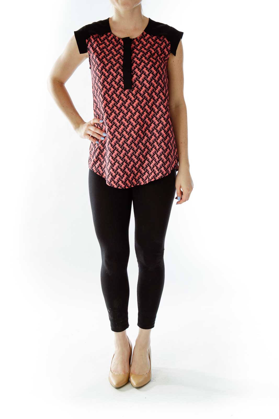 Black Pink Geometric Print Buttoned Blouse