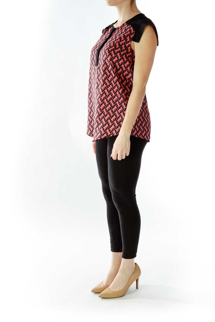 Black Pink Geometric Print Buttoned Blouse