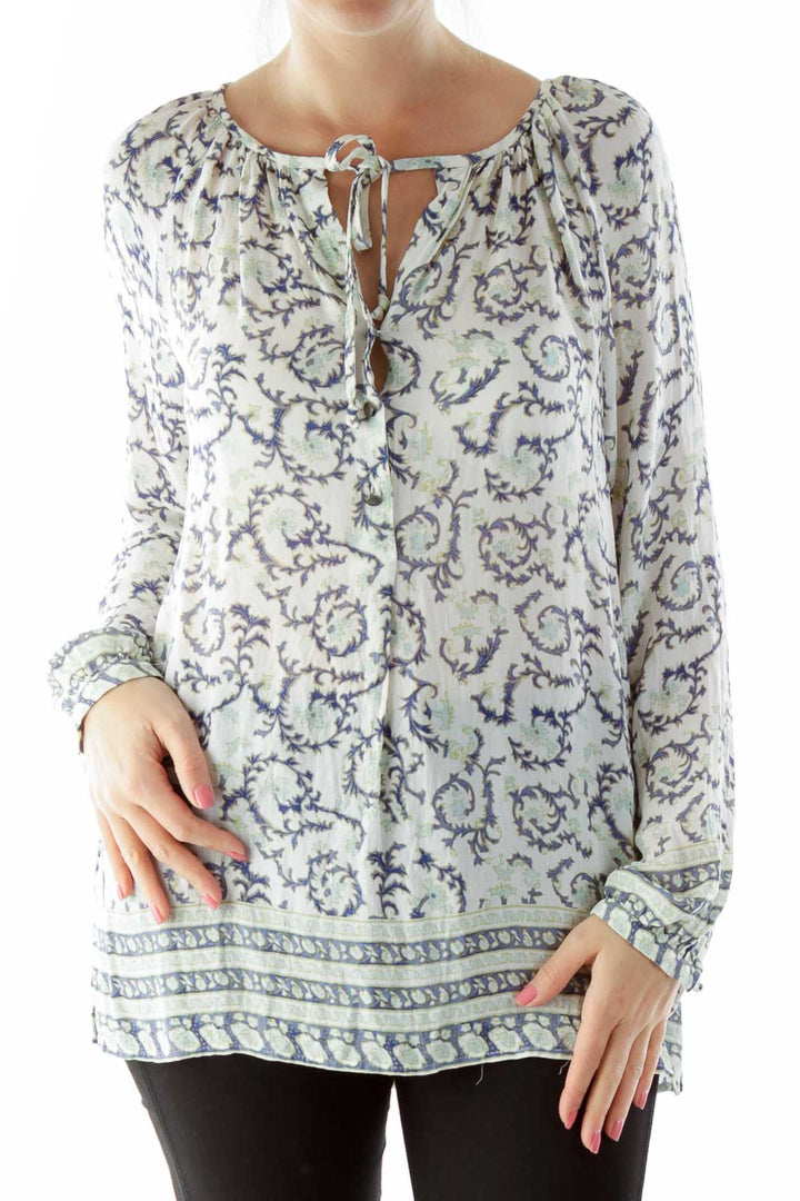 Cream Blue Green Floral Buttoned Blouse