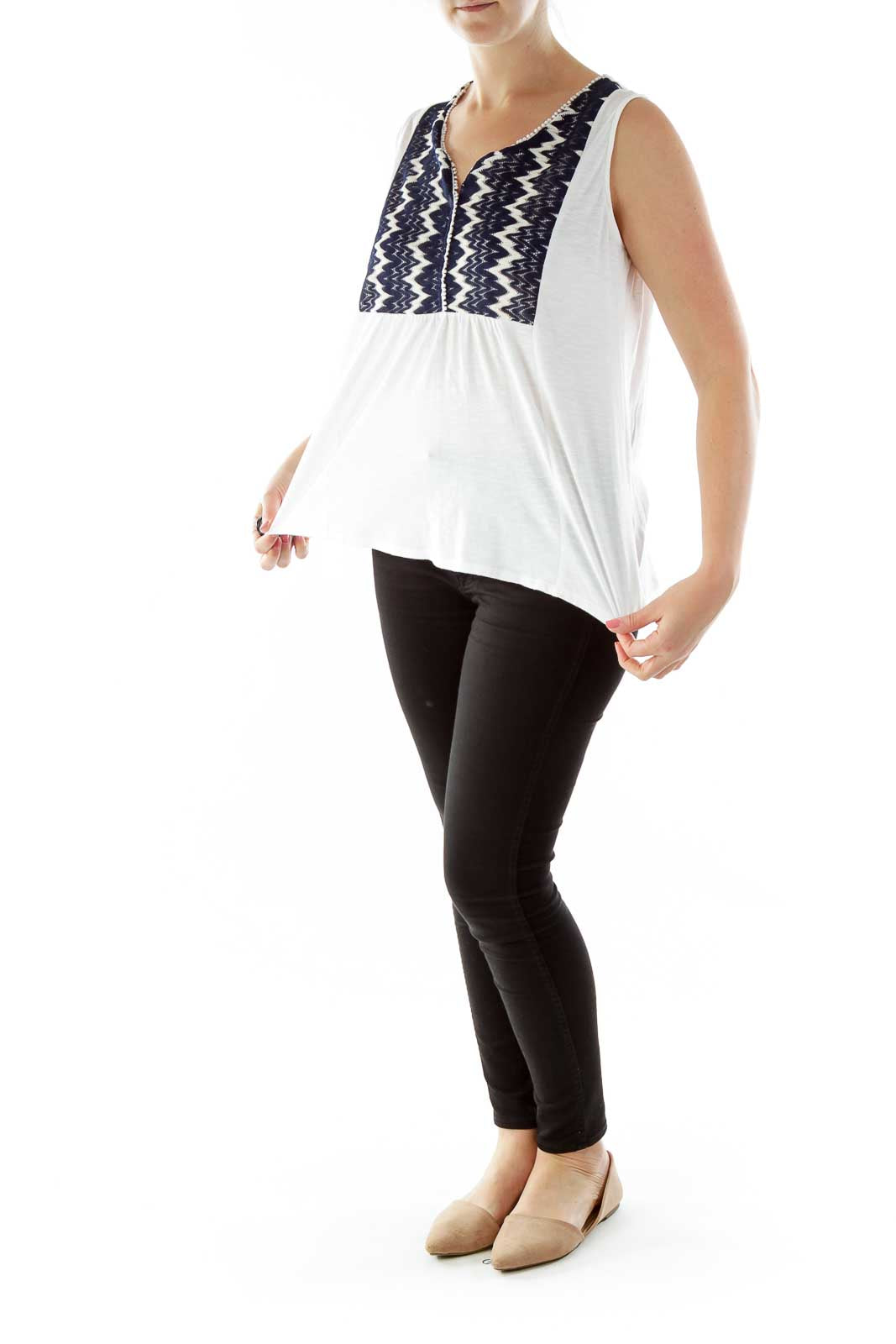 Cream Black Embroidered Loose Tank Top