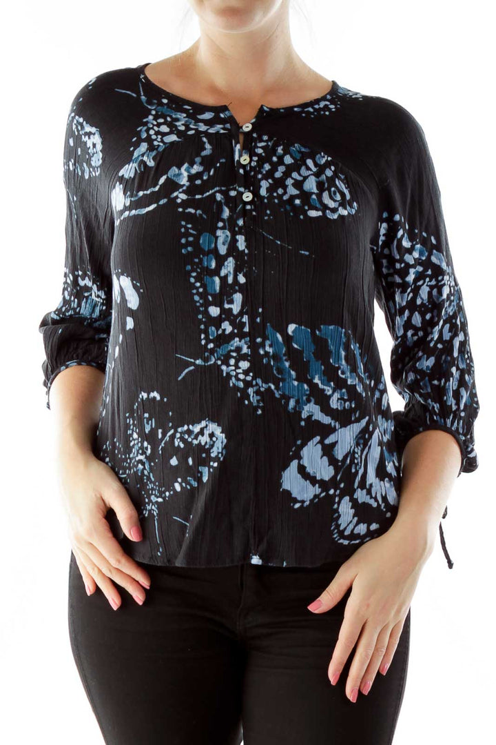 Black Blue Buttoned Print Round Neck Blouse