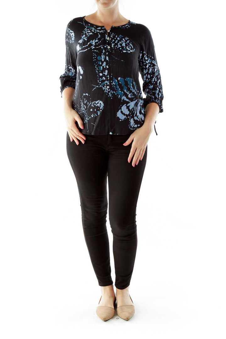 Black Blue Buttoned Print Round Neck Blouse