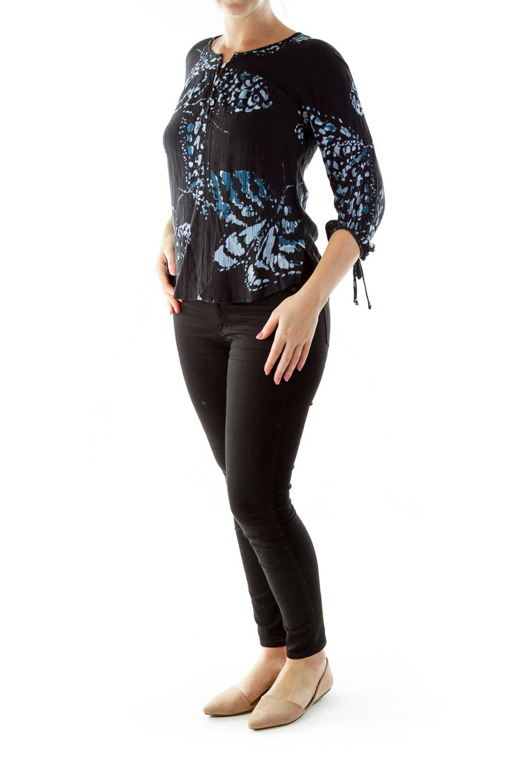 Black Blue Buttoned Print Round Neck Blouse