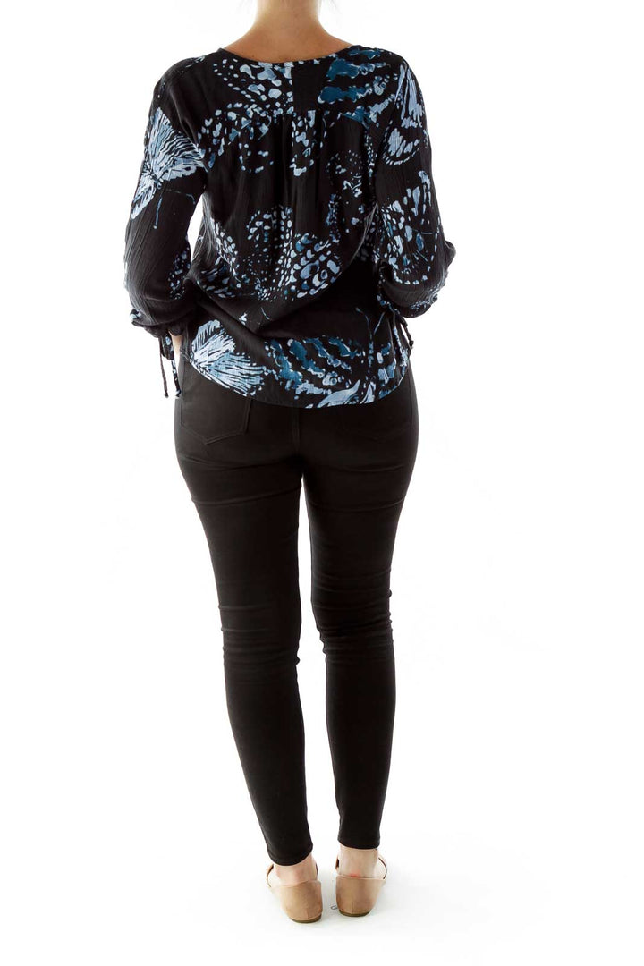 Black Blue Buttoned Print Round Neck Blouse