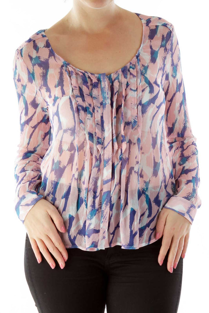 Pink Purple Multicolor Silk Pleated Blouse