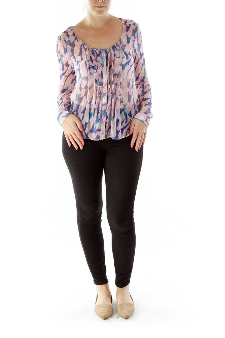 Pink Purple Multicolor Silk Pleated Blouse