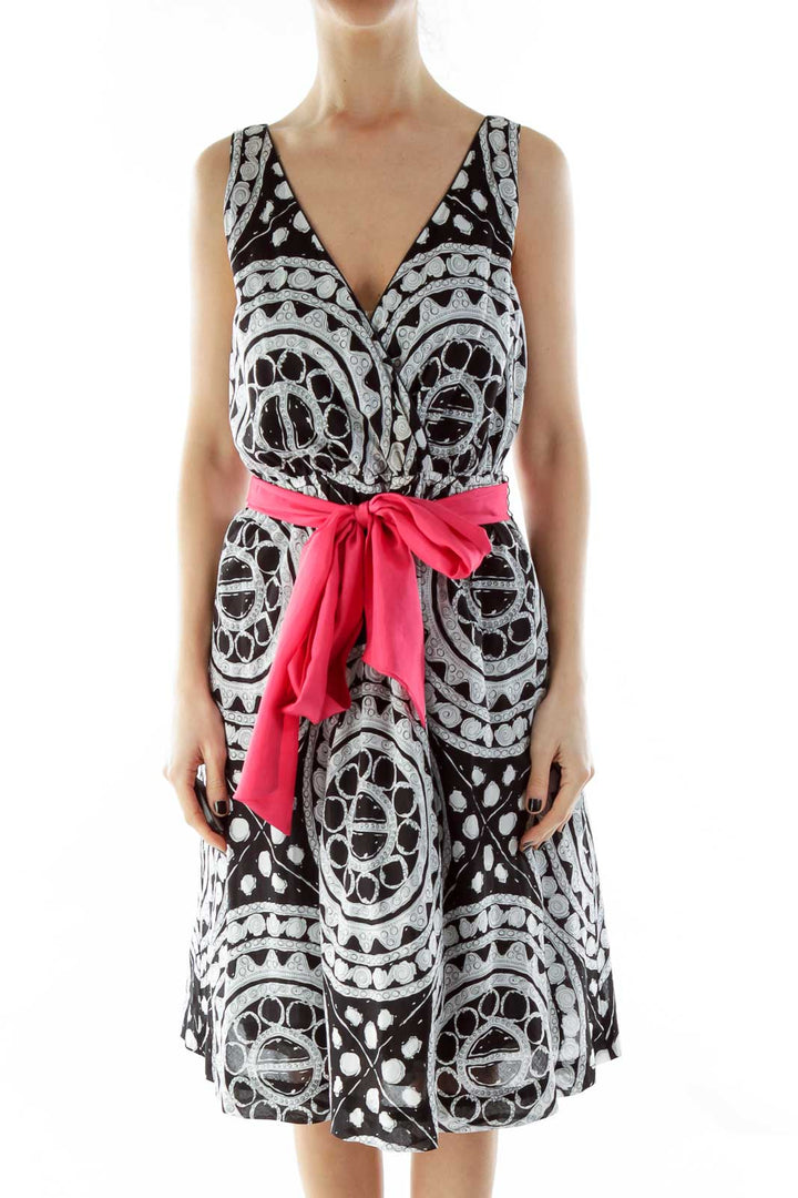 Black White Pink V-Neck Print Dress with Sash