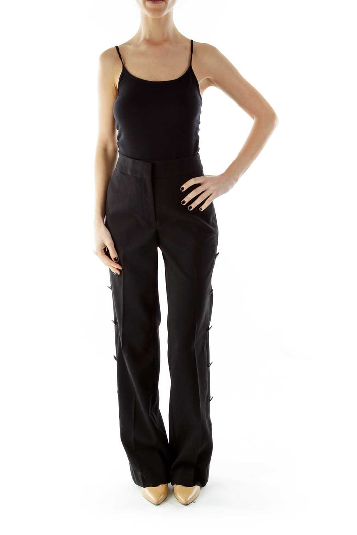 Black Wide-Leg Pants With Button Designs