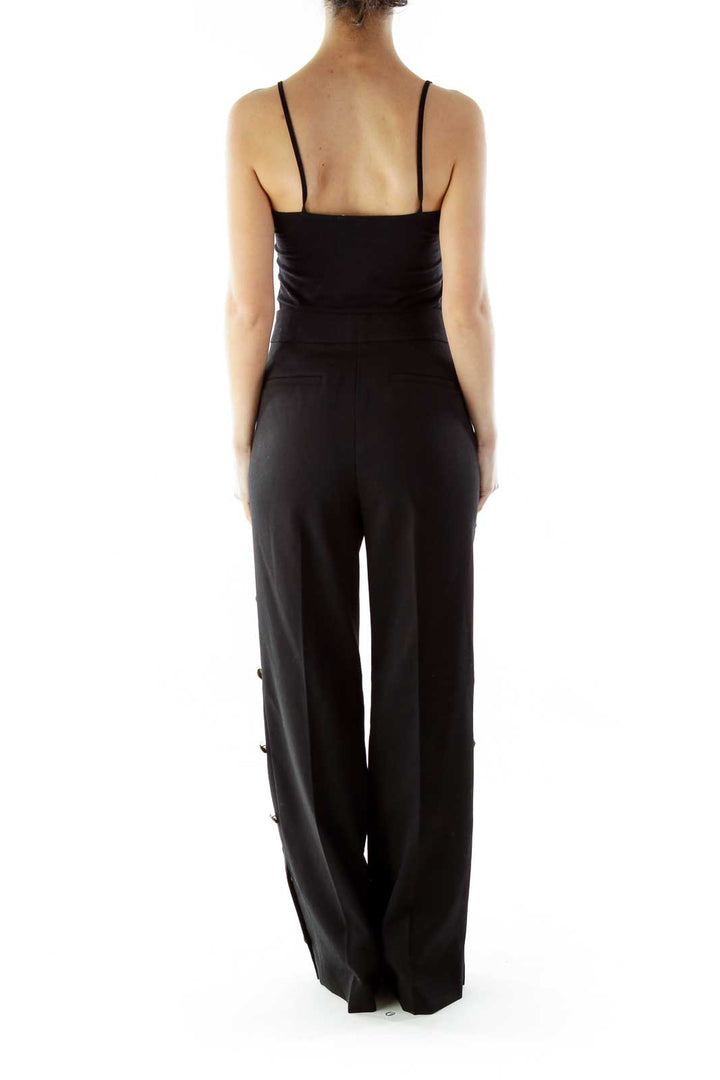 Black Wide-Leg Pants With Button Designs