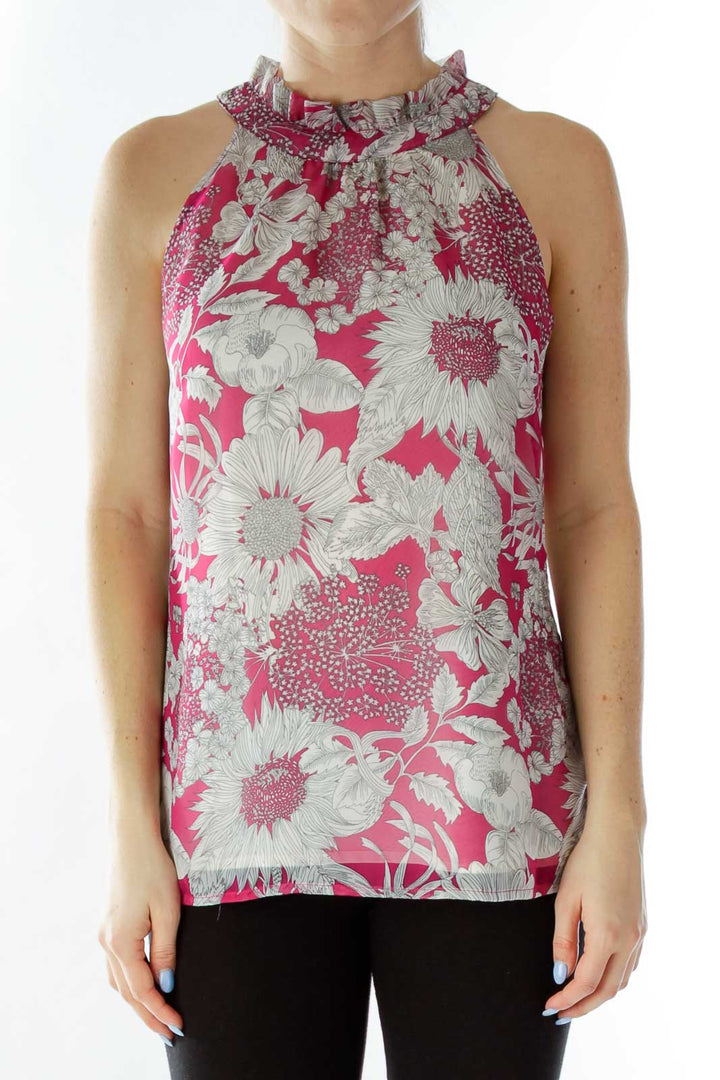 Pink White Flower Layered Halter Blouse