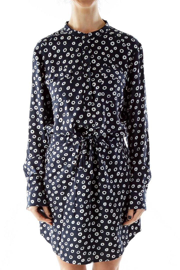 Navy White Buttoned Pocketed Print Day Dress