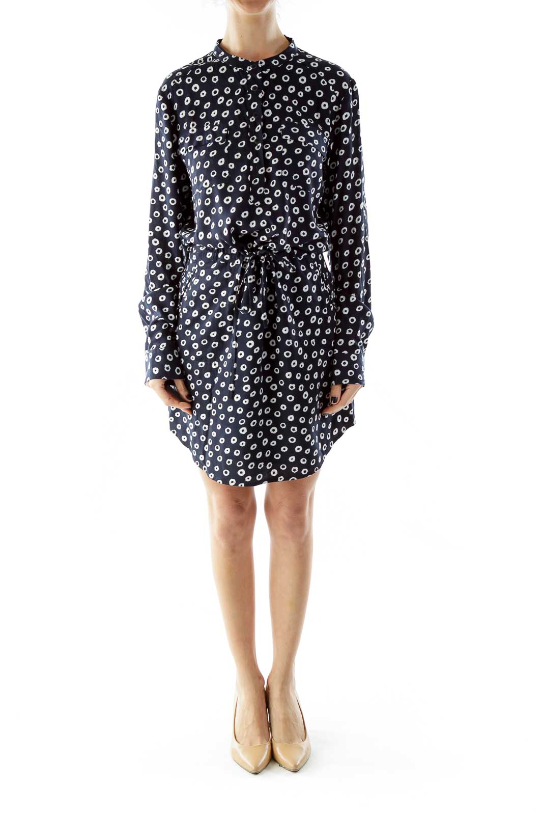 Navy White Buttoned Pocketed Print Day Dress