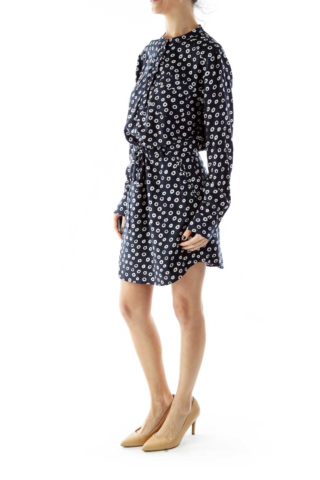 Navy White Buttoned Pocketed Print Day Dress