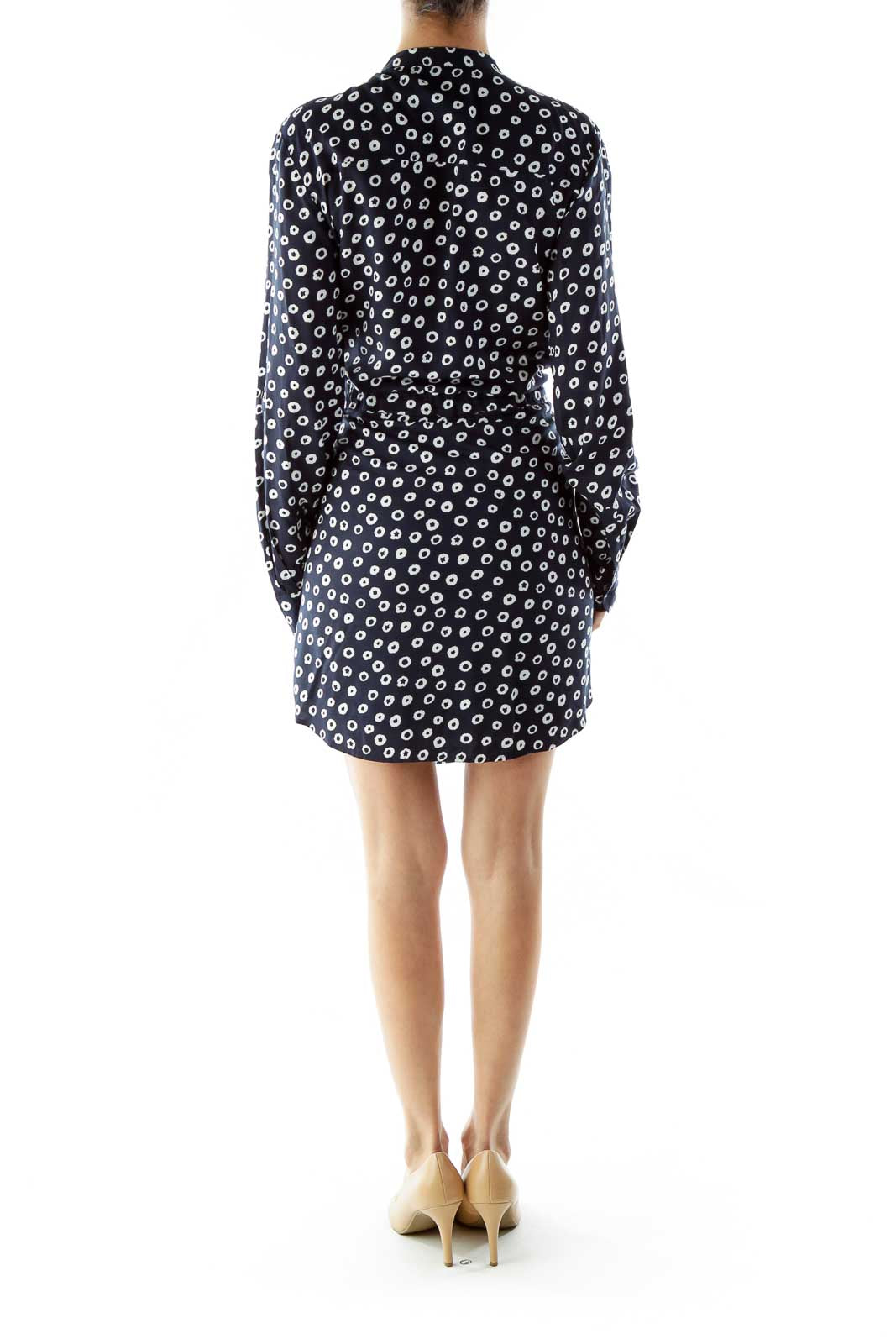 Navy White Buttoned Pocketed Print Day Dress