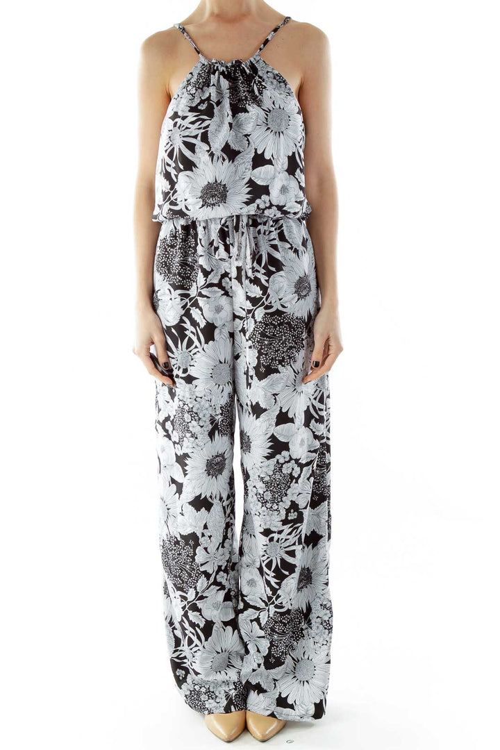 Black White Flower Print Spaghetti Strap Jumpsuit