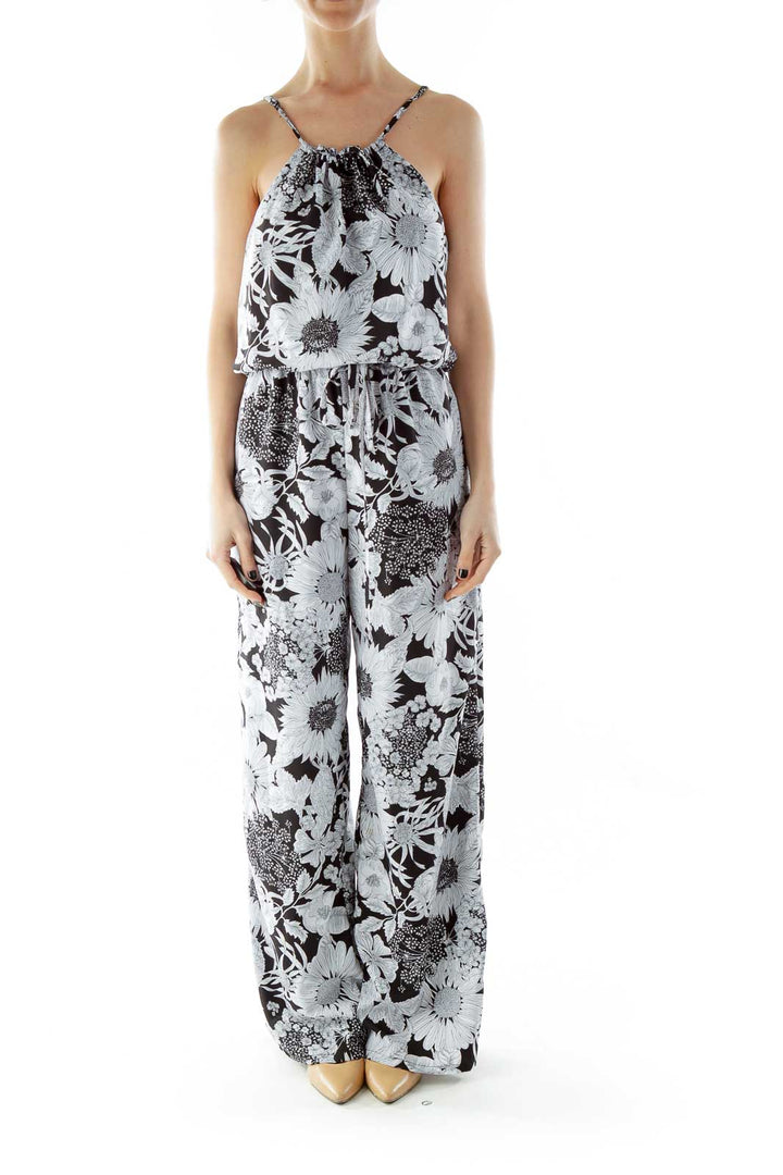 Black White Flower Print Spaghetti Strap Jumpsuit