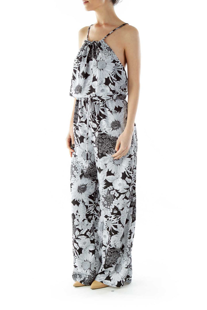 Black White Flower Print Spaghetti Strap Jumpsuit