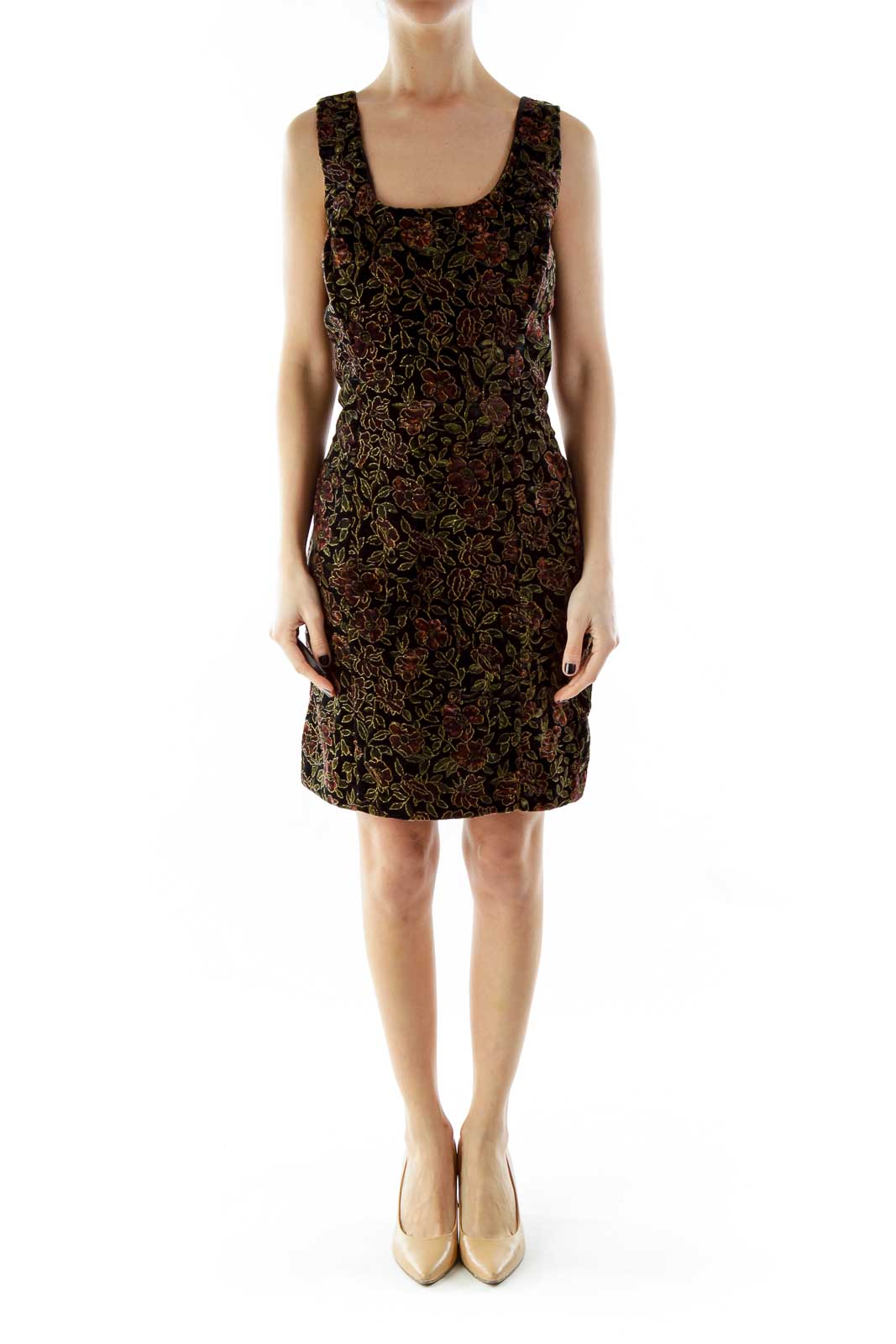 Black Red Green Flower Embroidered Sheath Dress