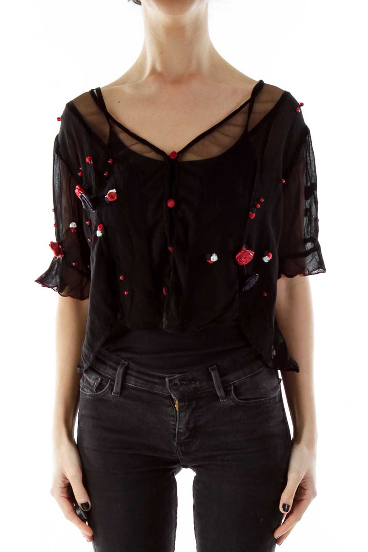 Black Beaded Flower Buttoned Blouse