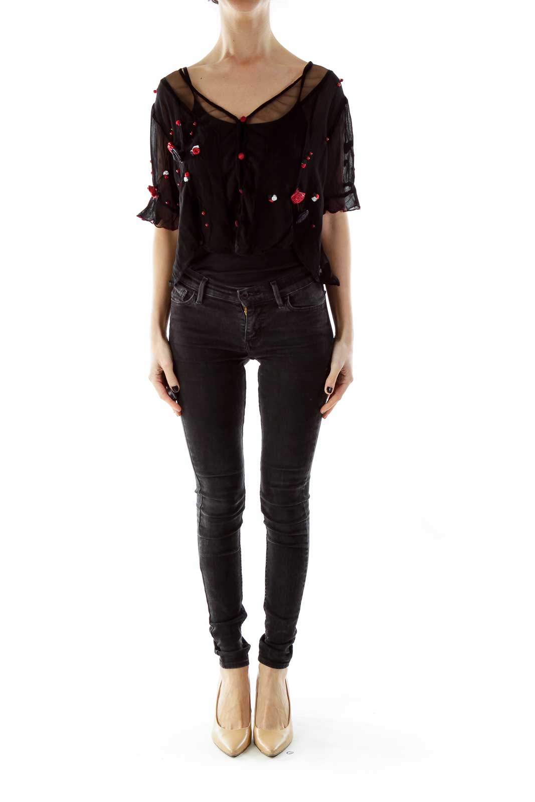 Black Beaded Flower Buttoned Blouse