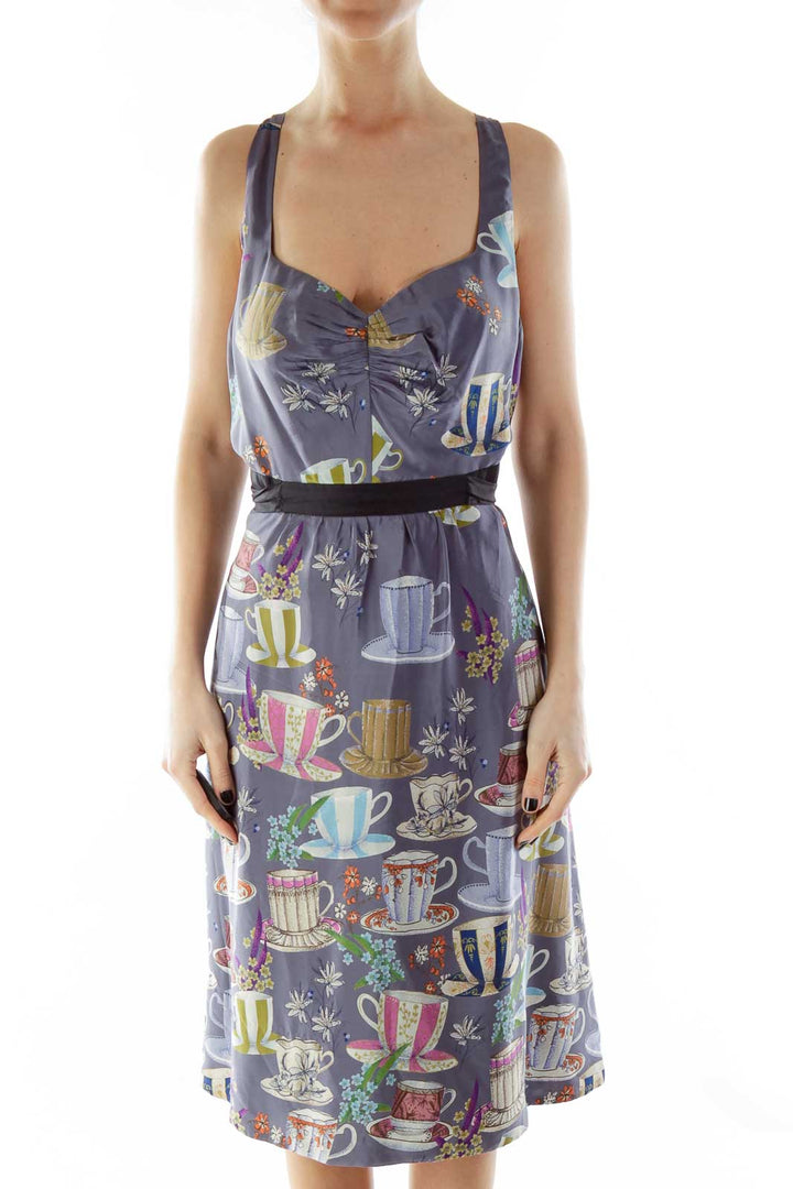 Purple Multicolor Print Belted Empire Dress